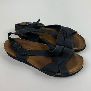 NAOT Leather Sandals Black strap Brown cork bottom Size 38 (8) Adjustable strap